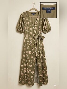 French Connection Olive & Beige Floral Wrap Midi Dress